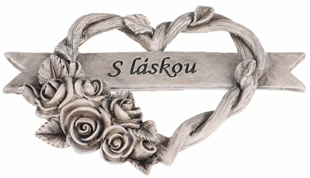 Pietna dekorácia Srdce s ružami a stuhou, polyresin, 12 x 10 x 2 cm