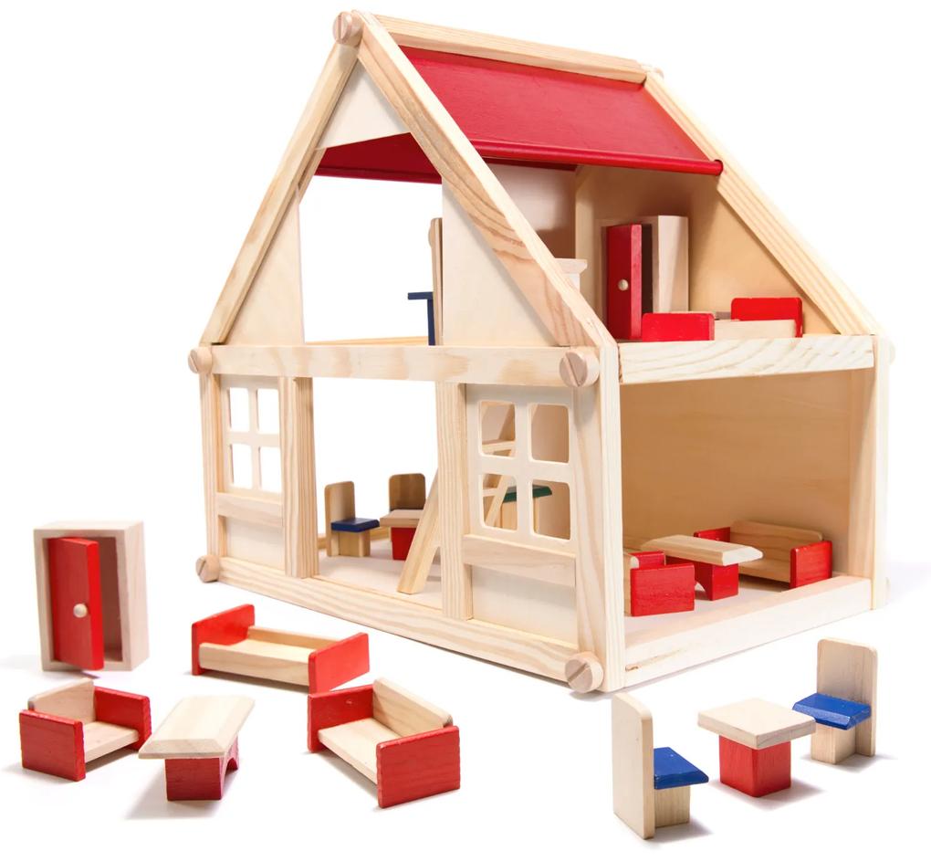 KIK Drevený domček pre bábiky s nábytkom, 26 x 40 x 38 cm, KX6486