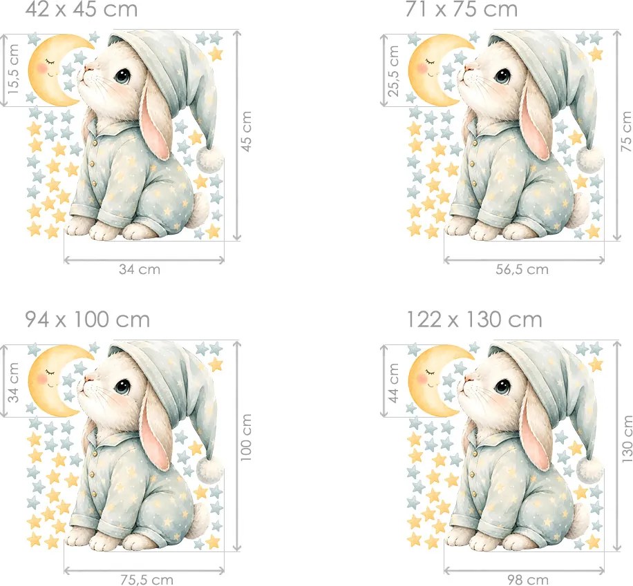 Zajačik v pyžame a mesiac nálepky na stenu pre bábätko list 42 x 45 cm