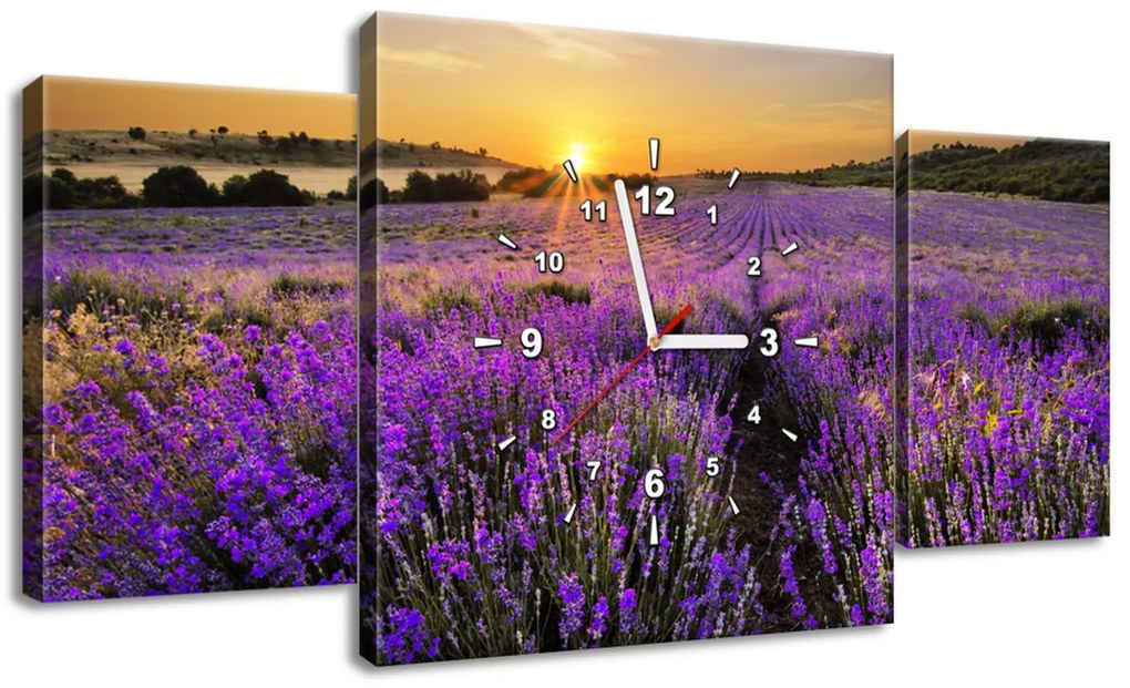 Gario Obraz s hodinami Levanduľové pole - 3 dielny Rozmery: 100 x 70 cm