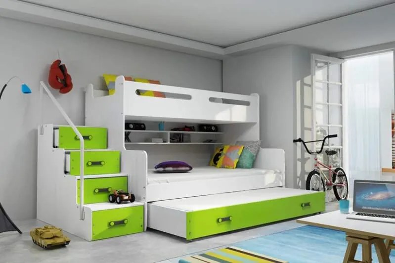 Poschodová posteľ s prístelkou MAX 3 rozšírená 200x120 biela - zelená
