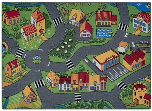 Detský koberec REBEL ROADS Village life 90 Osada, protišmykový - sivý