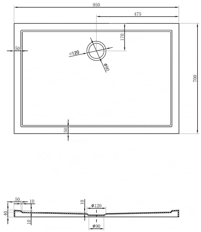 Mexen Flow, obdĺžniková sprchová vanička slim 95 x 70 cm, čierna matná, 46R707095