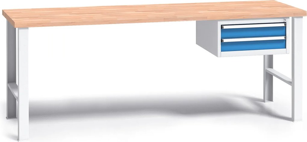 Pracovný stôl do dielne G3 so závesným boxom na náradie, buková škárovka, 2 zásuvky, pevné kovové nohy, 2000 mm, modrá