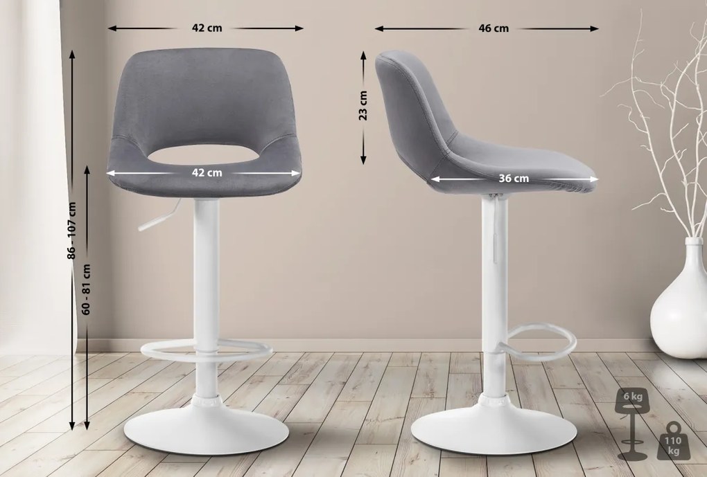 2x Barová stolička Camden - zamat, biely rám Tmavo sivá