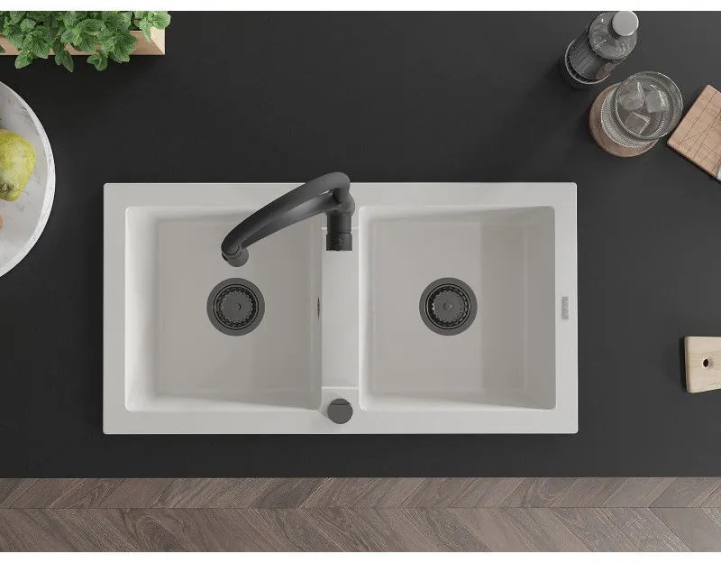 Mexen Mario, granitový drez 820x436x161 mm, 2-komorový a drezová batéria Aster, biela, 6504-20-73450-70-B