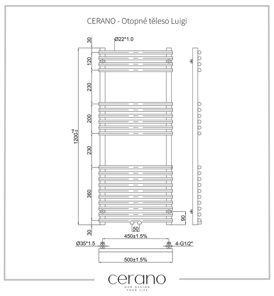 Cerano Mathilda, vykurovacie teleso 1200x500mm, 545W, rozteč pripojenia D5/450 mm, čierna matná, CER-CER-429694