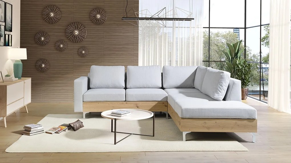 Rohová pohovka Hermes Wood, Farby: ekokoža Soft 011 (čierna), Farby nožičiek: dub monastery, Strana: ľavá