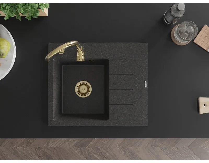 Mexen Ben, 1-komorový granitový drez 600x500x190 mm, ľavý + zlatý sifón, čierna škvrnitá, 6522605000-76-G
