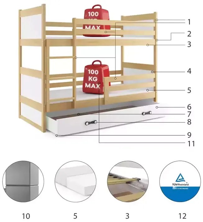 Poschodová posteľ RICO 90X190 so zásuvkou, sosna/biela