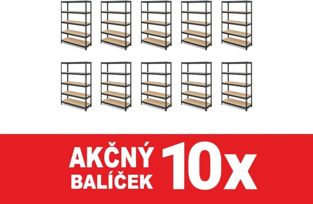 Akcia 10x Regál 160x80x40 cm lakovaný 5-policový, nosnosť 1000 kg, RIVET - čierny