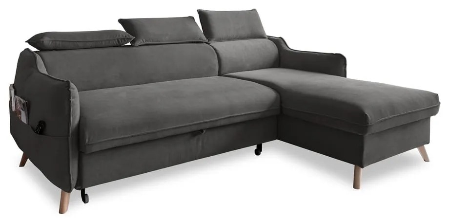 Tmavosivá zamatová rozkladacia rohová pohovka (pravý roh) Sweet Harmony – Miuform