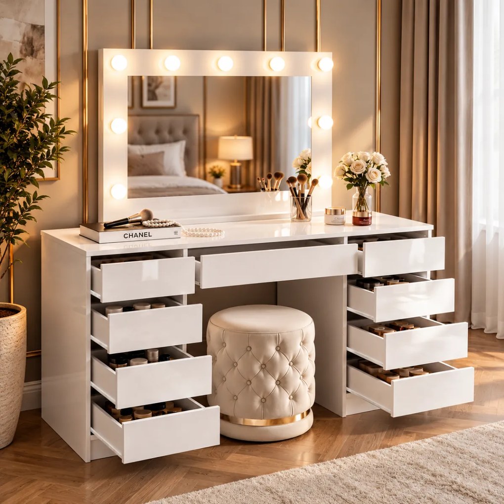 TOALETNÝ STOLÍK ANETT DOUBLE II BIELY LESK + ZRKADLO LED 150 cm