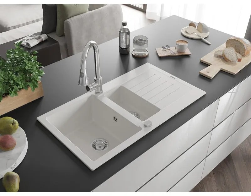 Mexen Matias, 1,5-komorový granitový drez 900x505x200 mm a drezová batéria Elia, biela, 6502-20-670101-00