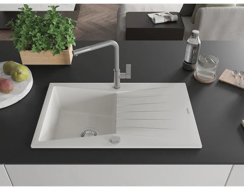 Mexen Cesar, 1-komorový granitový drez 775x470x190 mm a drezová batéria Flora, biela, 6514-20-670401-06