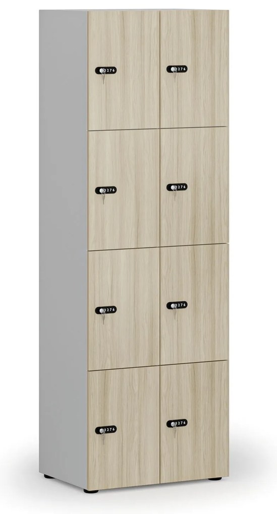 Drevená šatníková skrinka s úložnými boxmi, 8 boxov, mechanický kódový zámok, sivá/dub prírodný