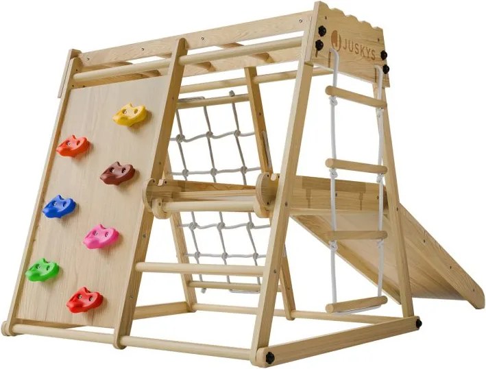 Detské vnútorné drevené ihrisko so šmykľavkou, lezeckou sten