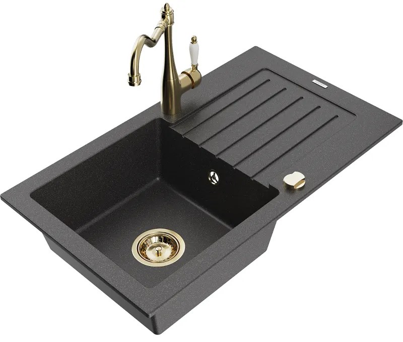 Mexen Pablo, granitový drez 752x436x161 mm, 1-komorový a drezová batéria Carla, čierna škvrnitá, 6510-76-670700-50