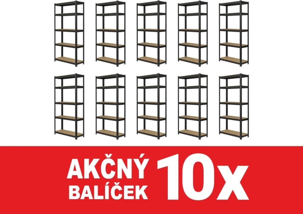 Akcia 10x Regál 180x90x30 cm lakovaný 5-policový, nosnosť 875 kg - čierny