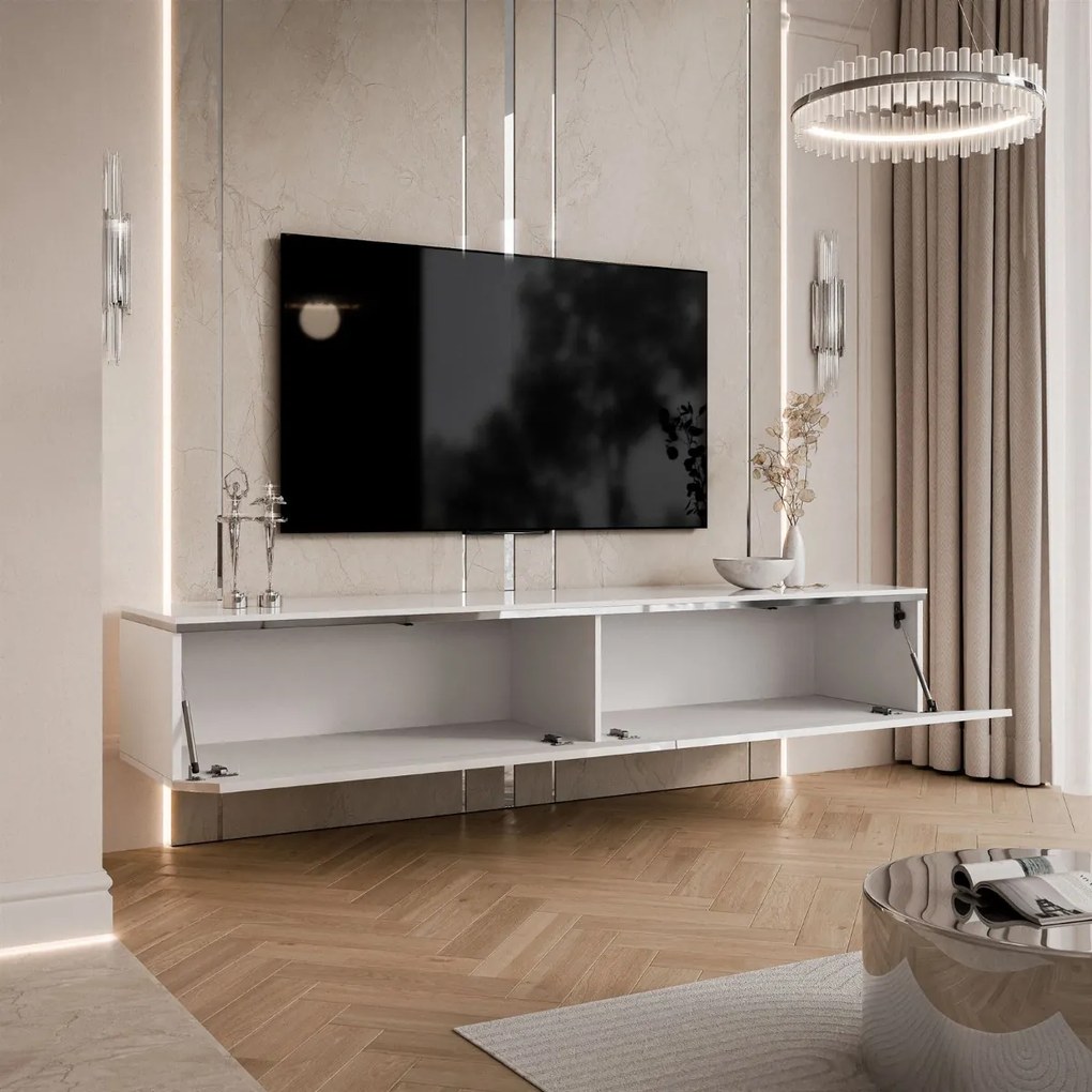 ZÁVESNÝ TV STOLÍK NESSIE BIELY LESK + STRIEBORNÝ 180 cm