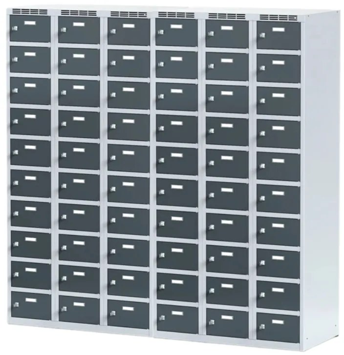 Šatníková skrinka S6 s úložnými boxami, 30 boxov, 1800 x 900 x 500 mm, otočný zámok, tmavosivé dvere