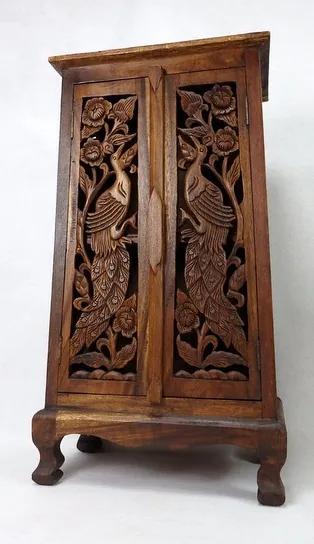 Skrinka drevená vyrezávaná PÁV, 100 cm, exotické drevo