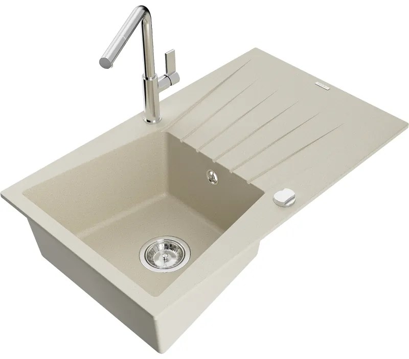 Mexen Cesar, 1-komorový granitový drez 775x470x190 mm a drezová batéria Flora, béžová, 6514-69-670401-00