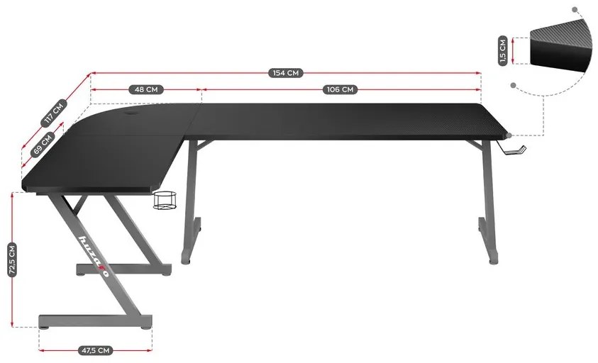 Huzaro Rohový herný stôl Hero 7.0 - šedá