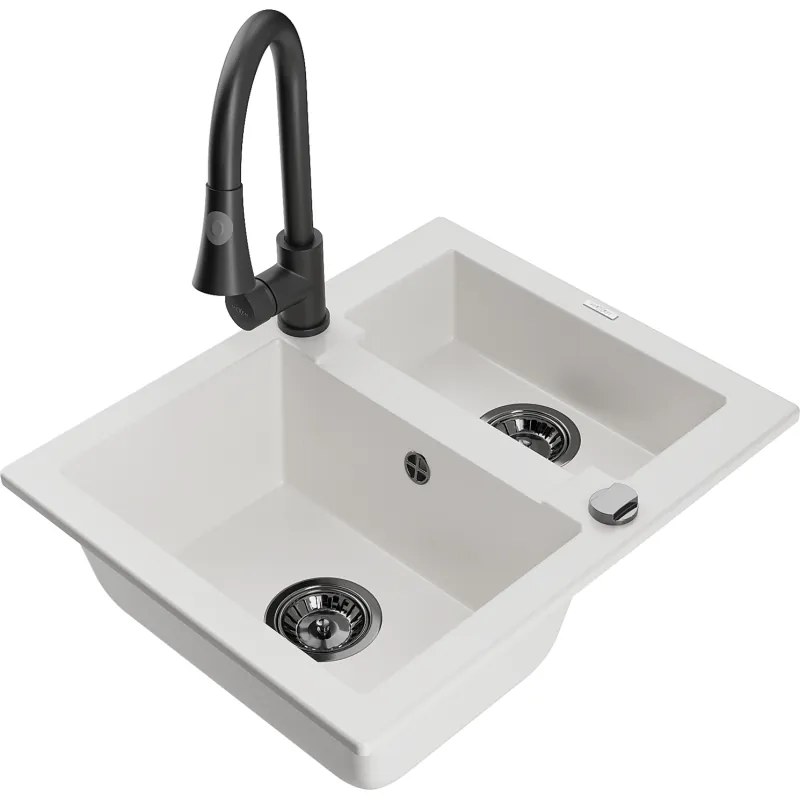 Mexen Carlos, 1,5-komorový granitový drez 582x475x177 mm a drezová batéria Elia, biela, 6518-20-670101-70