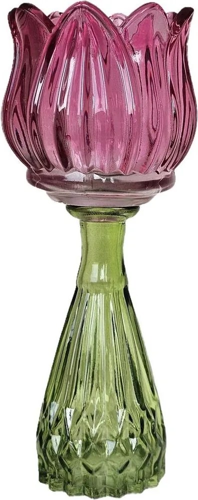 Tmavo ružový sklenený svietnik / váza tulipán Love Tulip - Ø 7*18 cm