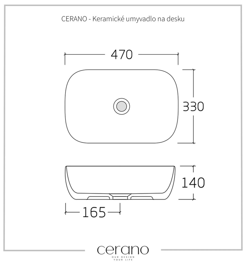 Cerano Lino, keramické umývadlo na dosku 470x330x140 mm, biela lesklá, CER-CER-428398