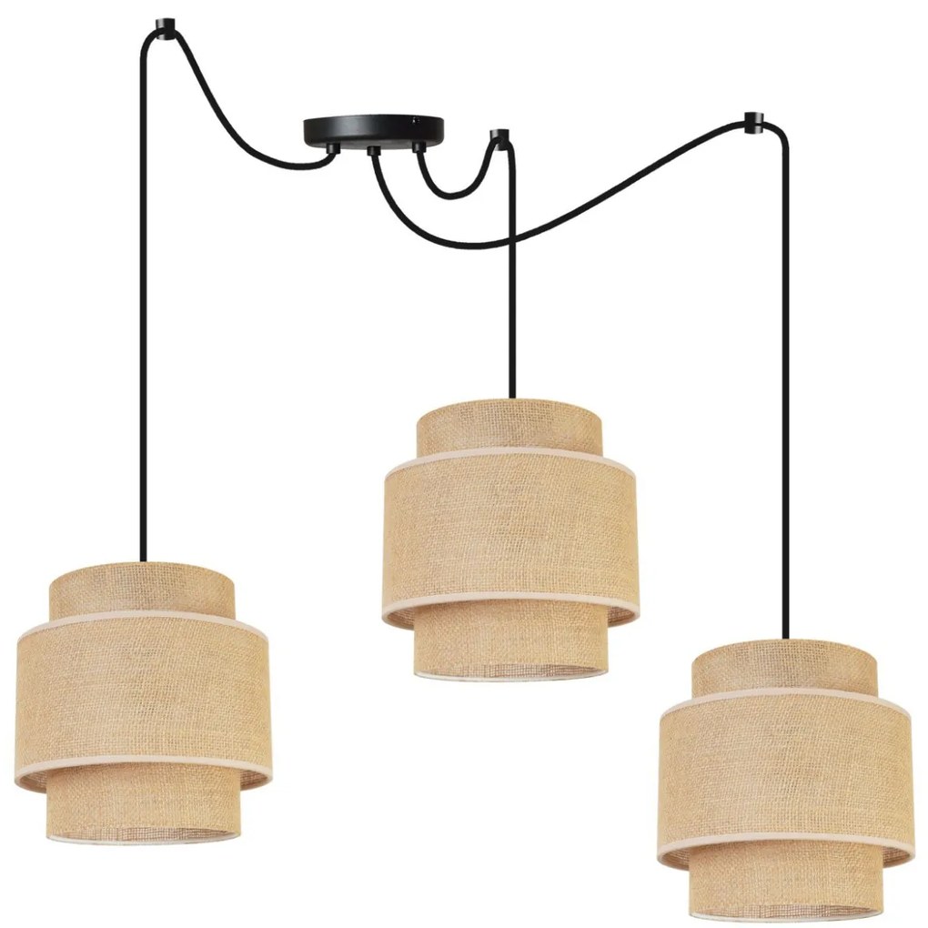 Závesné svietidlo Boho Spider, 3x jutové tienidlo, (výber z 2 farieb konštrukcie)