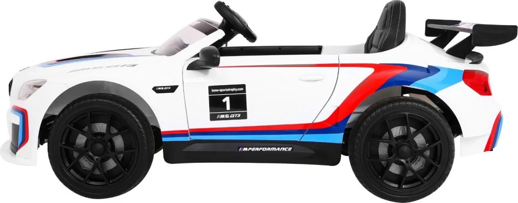Ramiz BMW M6 GT3 Autíčko na batérie pre deti Biele + Ventilátor + Zvuky MP3 Svetlá + Diaľkové ovládanie