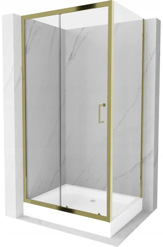 Mexen Apia, sprchový kút s posuvnými dverami 100 (dvere) x 80 (stena) cm, 6mm číre sklo, zlatý profil + biela sprchová vanička RIO, 840-100-080-50-00-4510