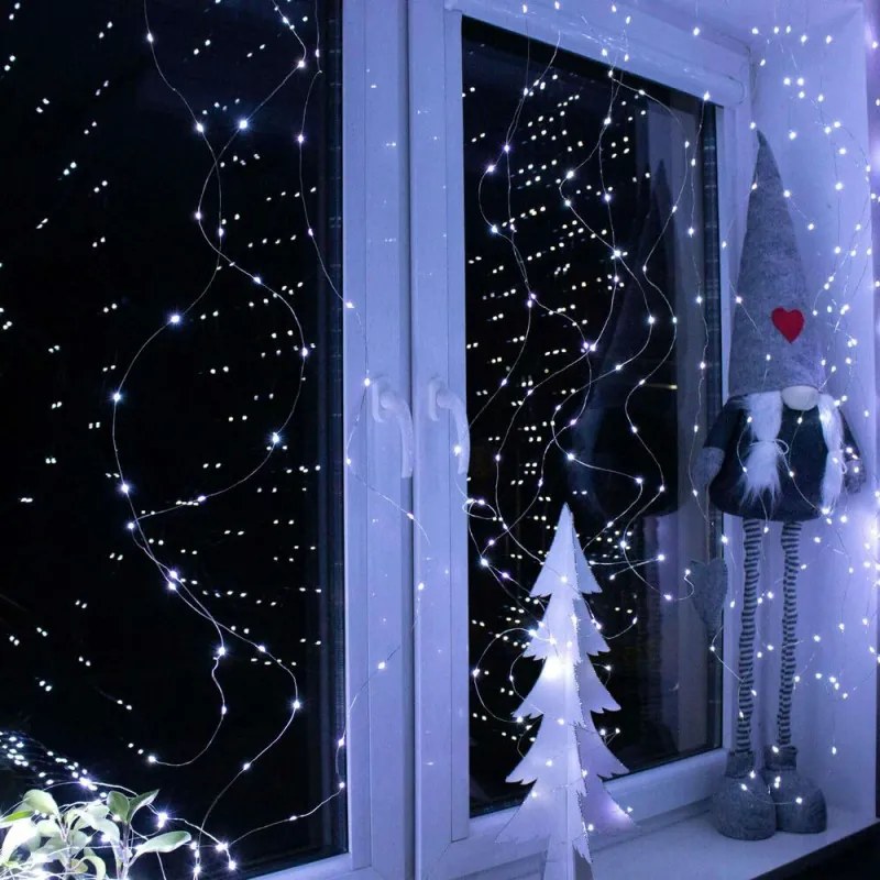 SPRINGOS LED Nano svetelný záves - 3x3m, 300LED, 8 funkcií, ovládač, USB, IP44, studená biela