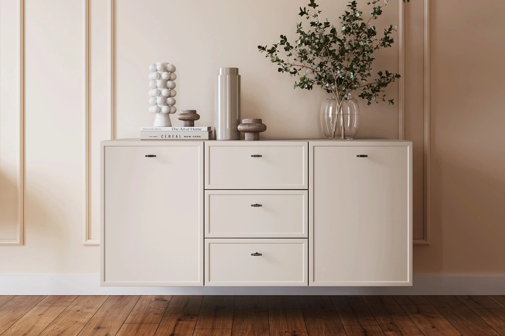 Závesná komoda Lorini 150 cm - kašmírová / čierne úchytky T