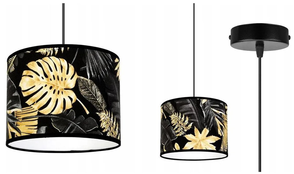 Závesné svietidlo Gold Flowers, 1x čierne textilné tienidlo s kvetinovým vzorom