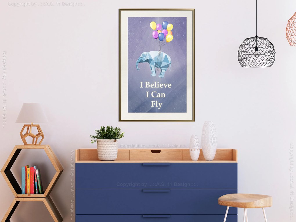 Artgeist Plagát - Flying Elephant [Poster] Veľkosť: 20x30, Verzia: Zlatý rám s passe-partout