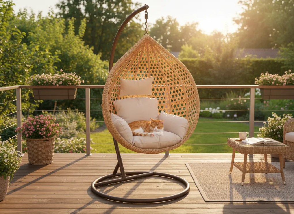 CH PRÍRODNÉ ZÁVESNÉ KRESLO, VANKÚŠ – BEŽOVÁ, RÁM – HNEDÁ 107 x 68 x 120 CM