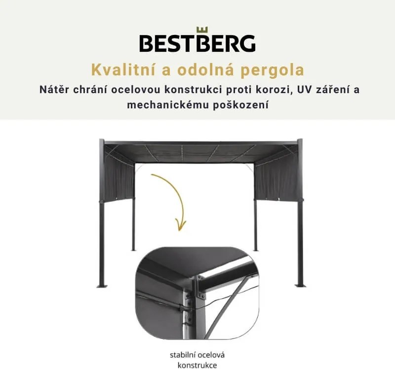 Zahradní pergola s LED solárním osvětlením BestBerg BBGG-51 / 300 x 400 x 215 cm / šedá