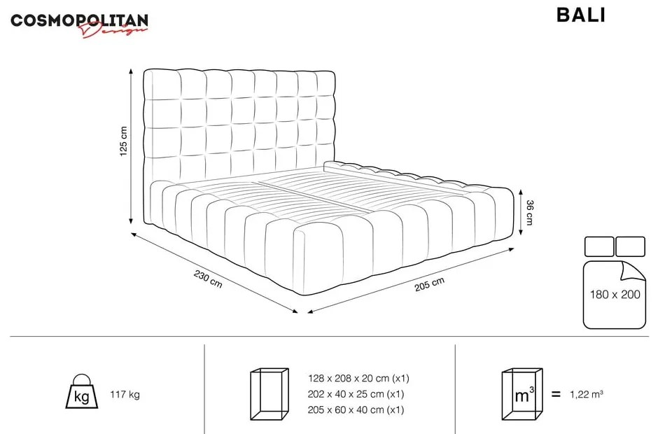 Sivá čalúnená dvojlôžková posteľ s úložným priestorom s roštom 180x200 cm Bali – Cosmopolitan Design