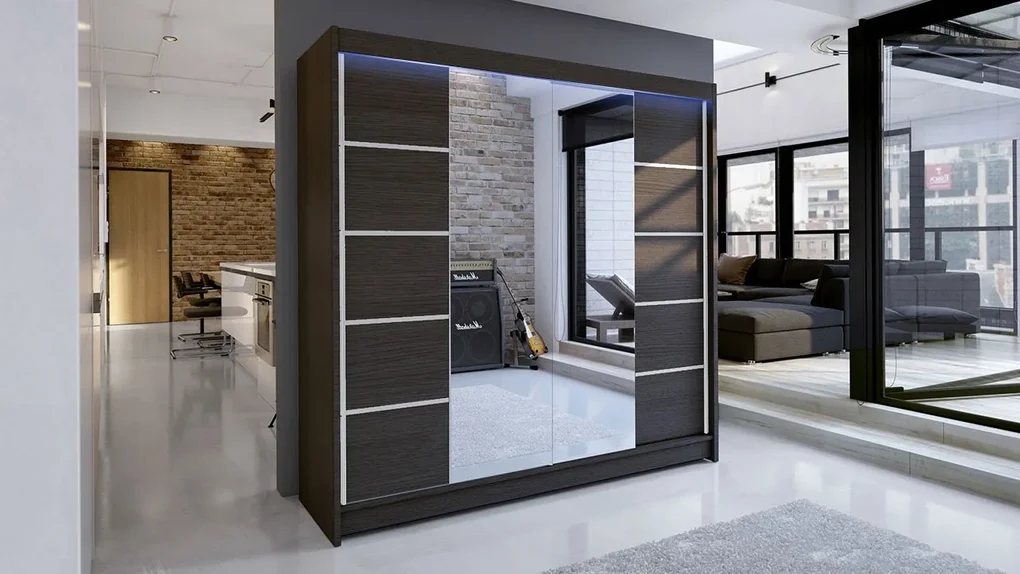 Posuvná skriňa Bar V, Farby: čierny / dub artisan, Osvetlenie: osvetlenie LED RGB - farebné