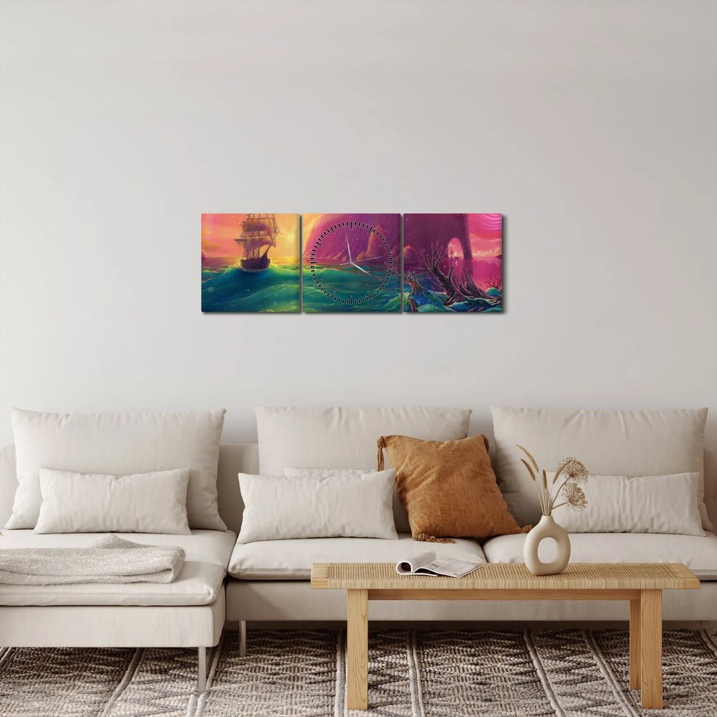 Obraz - Olejomaľba, Plavba do fantastickej ríše (s hodinami) (90x30 cm)