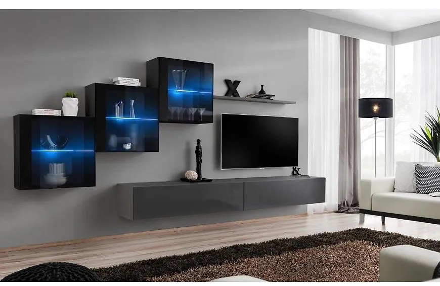Obývacia stena Switch XIX Sklo +LED čierna/Grafit