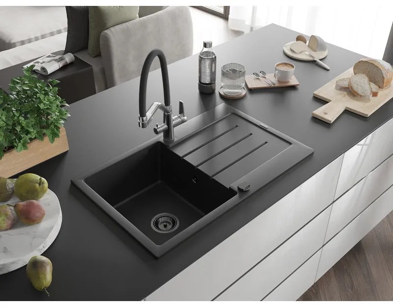 Mexen Bruno, 1-komorový granitový drez 795x495x200 mm a drezová batéria Duo, čierna, 6513-77-671701-07-B