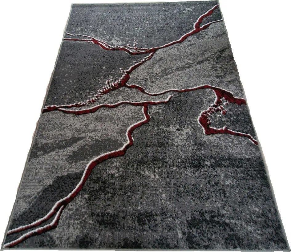 HU Sivý abstraktný obdĺžnikový koberec NEW IDEA 90321-0564 imitácia mramoru s červenými žilami Rozmer: 80x150 cm