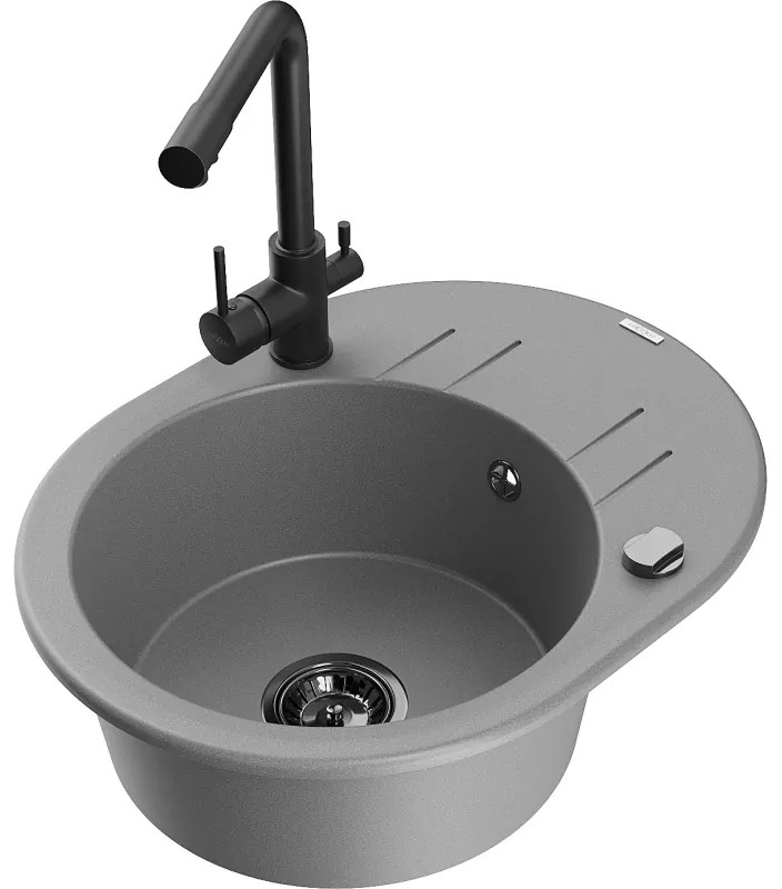 Mexen Kevin, drez granitový 586x458x190 mm, 1-komorový a čierna Duero batéria, šedá, 6517-71-671600-70-B