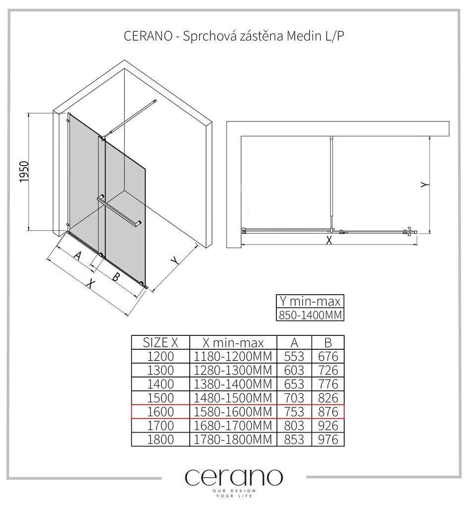 Cerano Medin, 2-dielna posuvná sprchová zástena 160x195, 8mm číre sklo, chrómová, CER-CER-478000