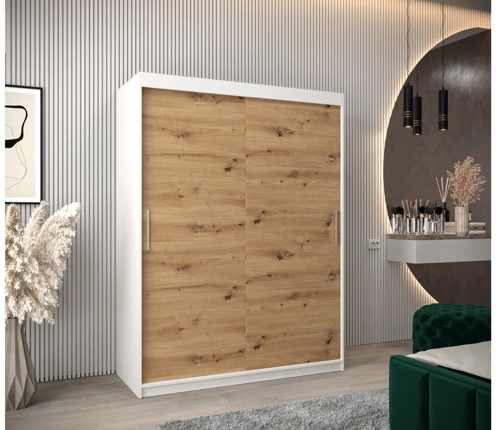 Šatníková skriňa 150 cm Toki (Biela matná + Dub artisan). Akcia -45%. Vlastná spoľahlivá doprava až k Vám domov. 1064819