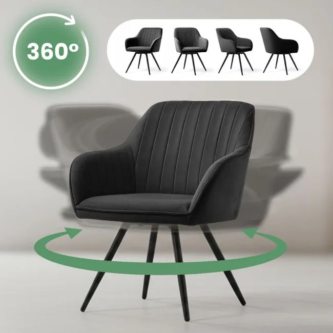 Sada šiestich otočných jedálenských stoličiek TURNO zamatové, čierne / čierne nohy (6 ks)